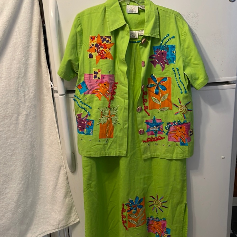 Vintage Tropico 2PC Dress 100% Cotton.  Lime Green Size Large . Appliqués sku 1